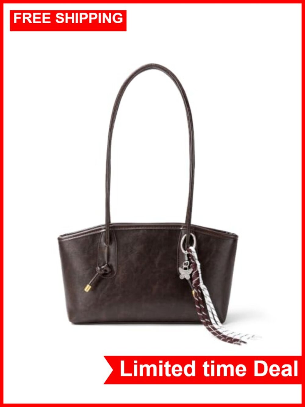 Vintage East West Shoulder Bag with Adjustable Knot Strap, Faux Leather,